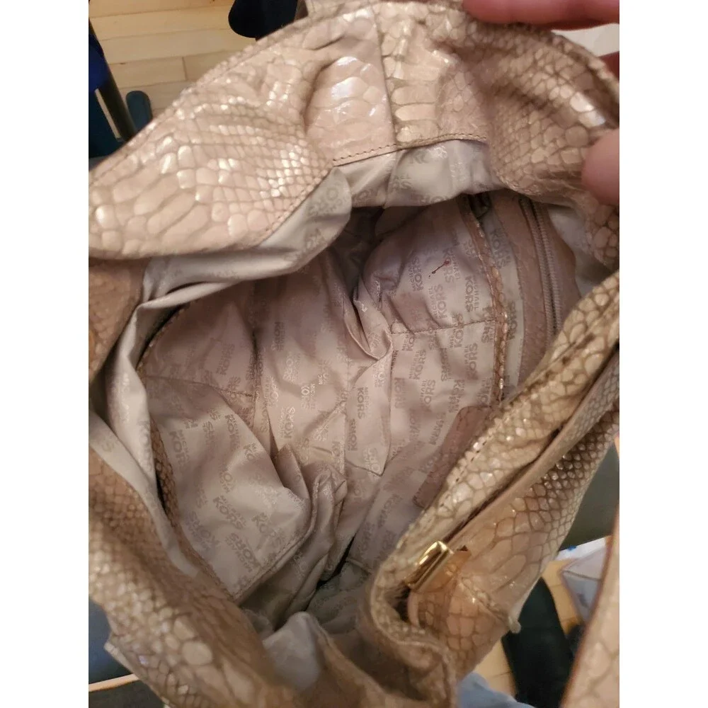 Michael Kors Fulton Hobo Bag Beige Python Embossed Leather Shoulder Purse Gold H